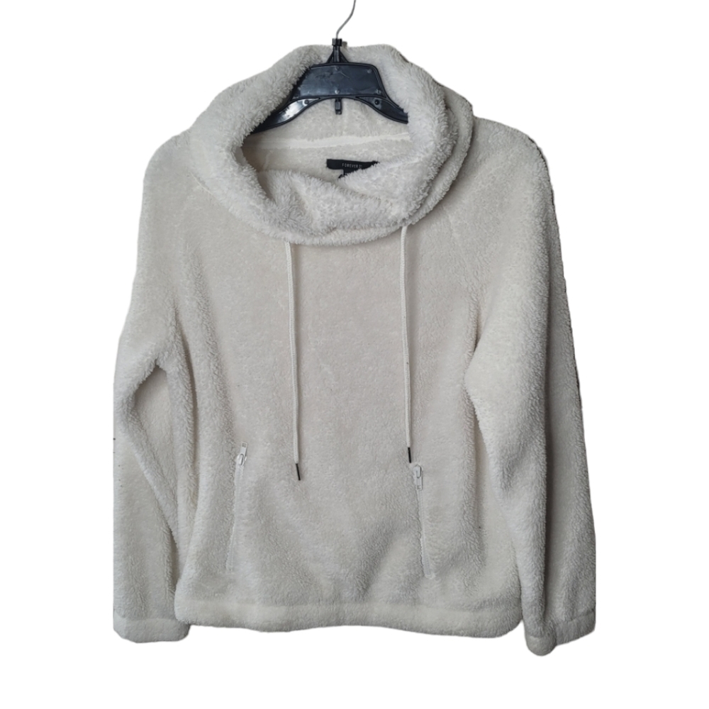 Forever 21 Pullover Cowl Neck Fluffy Fleece Teddy Bear Cozy White Size Small